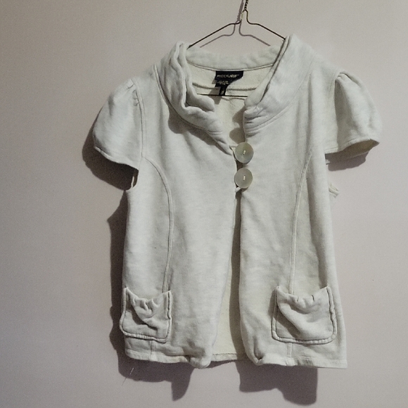 White Short Cape Sleeve Cardigan with Mother of Pearl Button Detail - Picture 1 of 6